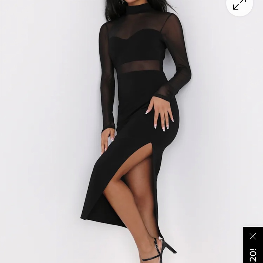 Lulus Sensational Soiree Black Mesh Long Sleeve Bodycon Midi Dress